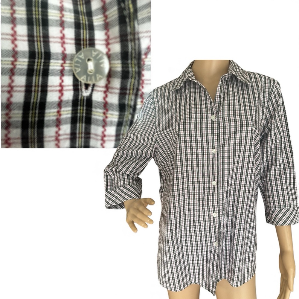 Alia Women’s Plaid Button Front Shirt 3/4 Sleeve Cotton Blend Size 12